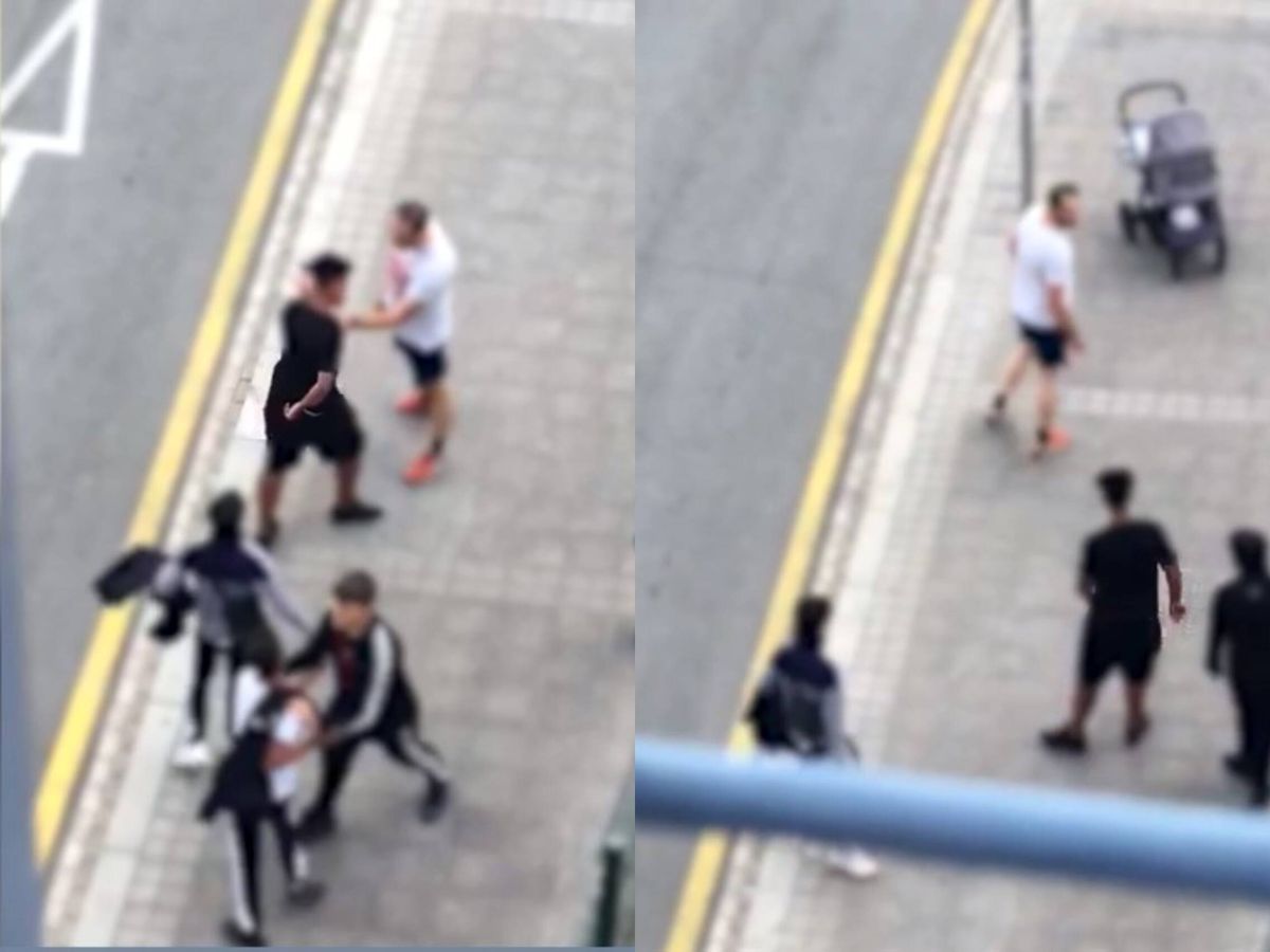 Foto: Un grupo de jóvenes amenaza a un padre que estaba paseando con su bebé por el barrio de Bolueta. (Twitter/@elcorreo_com)