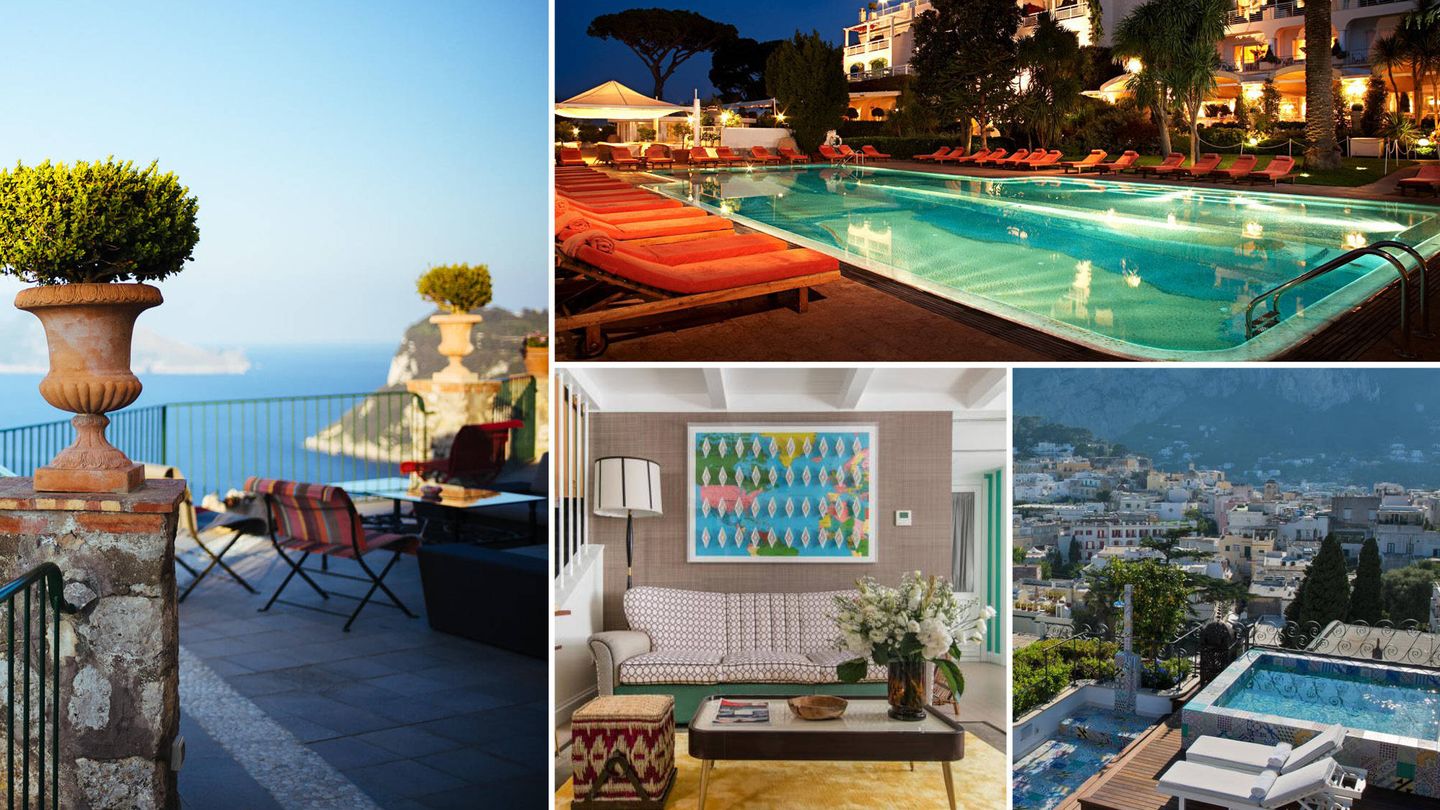 En sentido horario: Capri Palace Hotel & Spa, Hotel Caesar Augustus, Capri Tiberio Palace y Villa mediterránea.