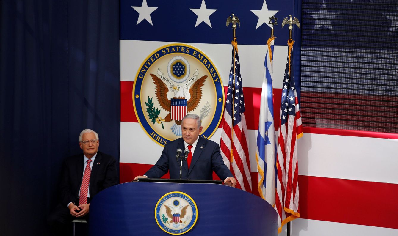 Netanyahu, durante la ceremonia de apertura de la embajada de EEUU en Jerusalén, el 14 de mayo de 2018. (EFE)