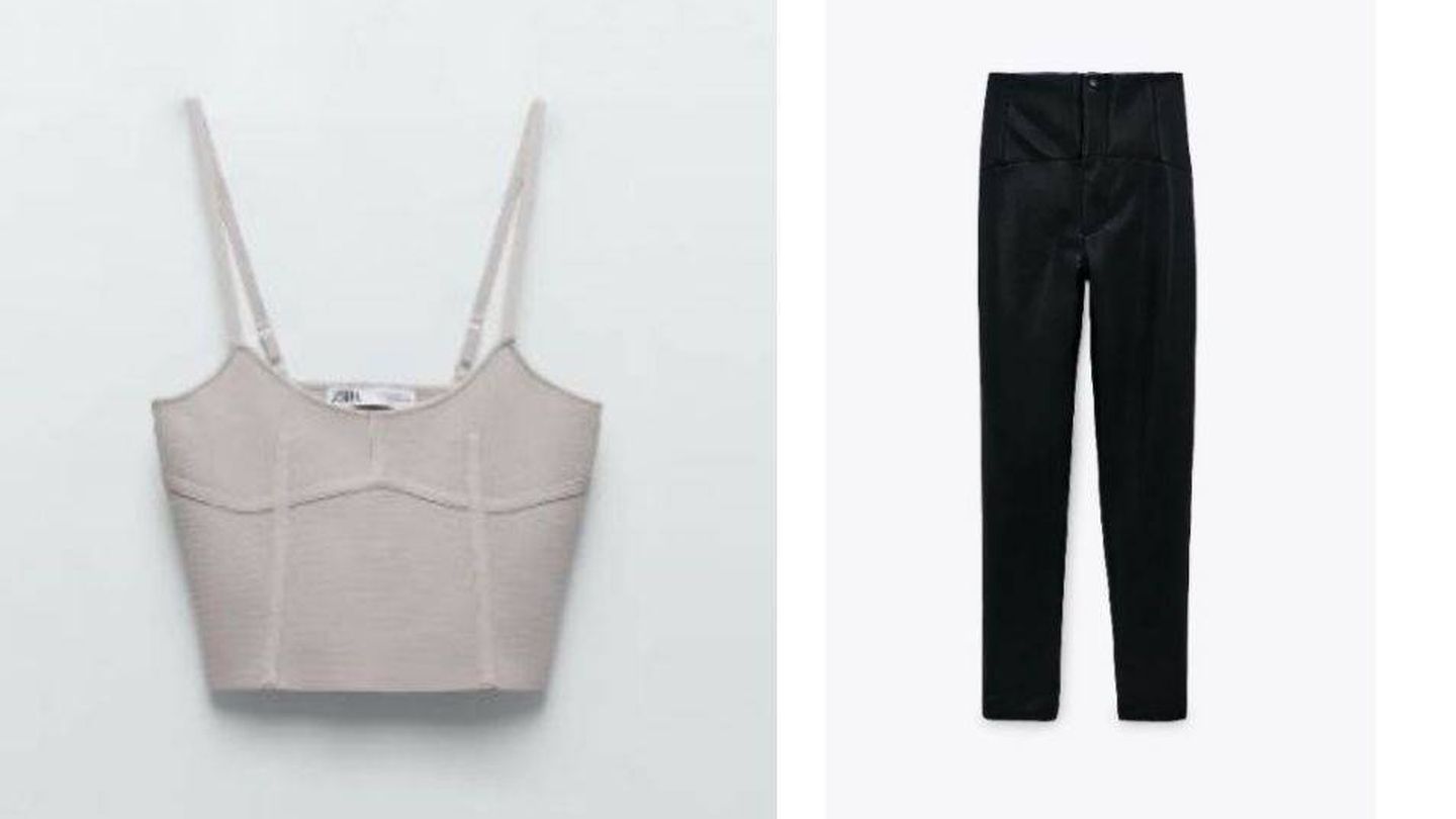 Crop top (15,99 euros) y pantalón efecto piel (25,99 euros), ambos de Zara. 