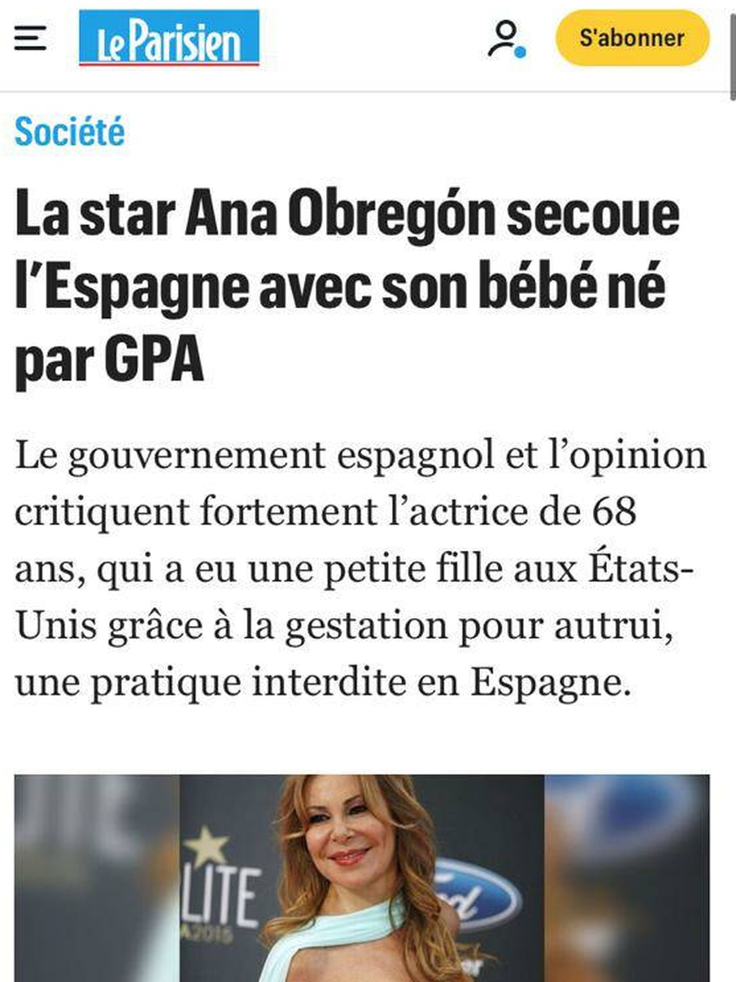 Captura de pantalla de la noticia de 'Le Parisien' sobre la maternidad de Ana Obregón.