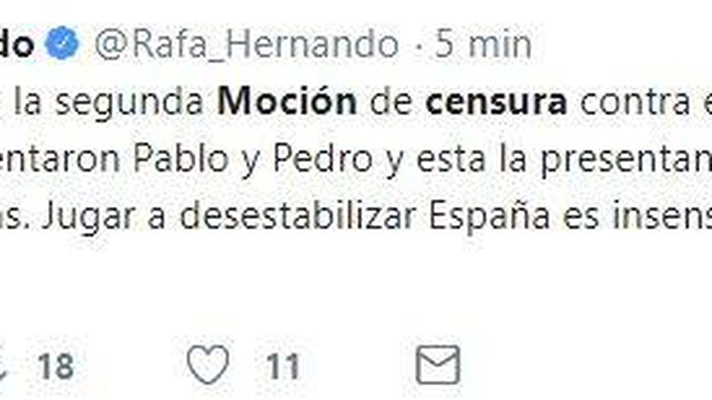 Tuit de Rafael Hernando, que después ha eliminado, sobre la moción de censura