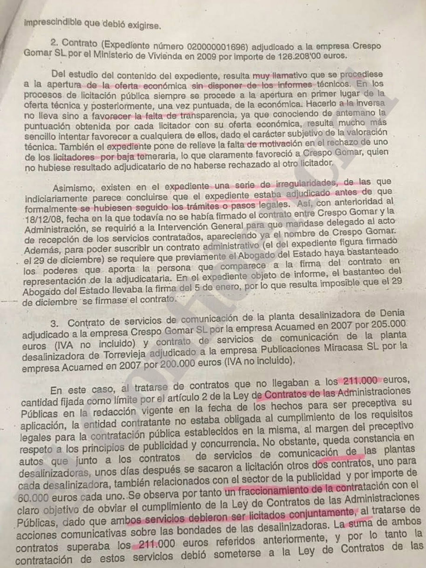 Página del auto de la jueza de Valencia que explica irregularidades en contratos del Gobierno socialista.