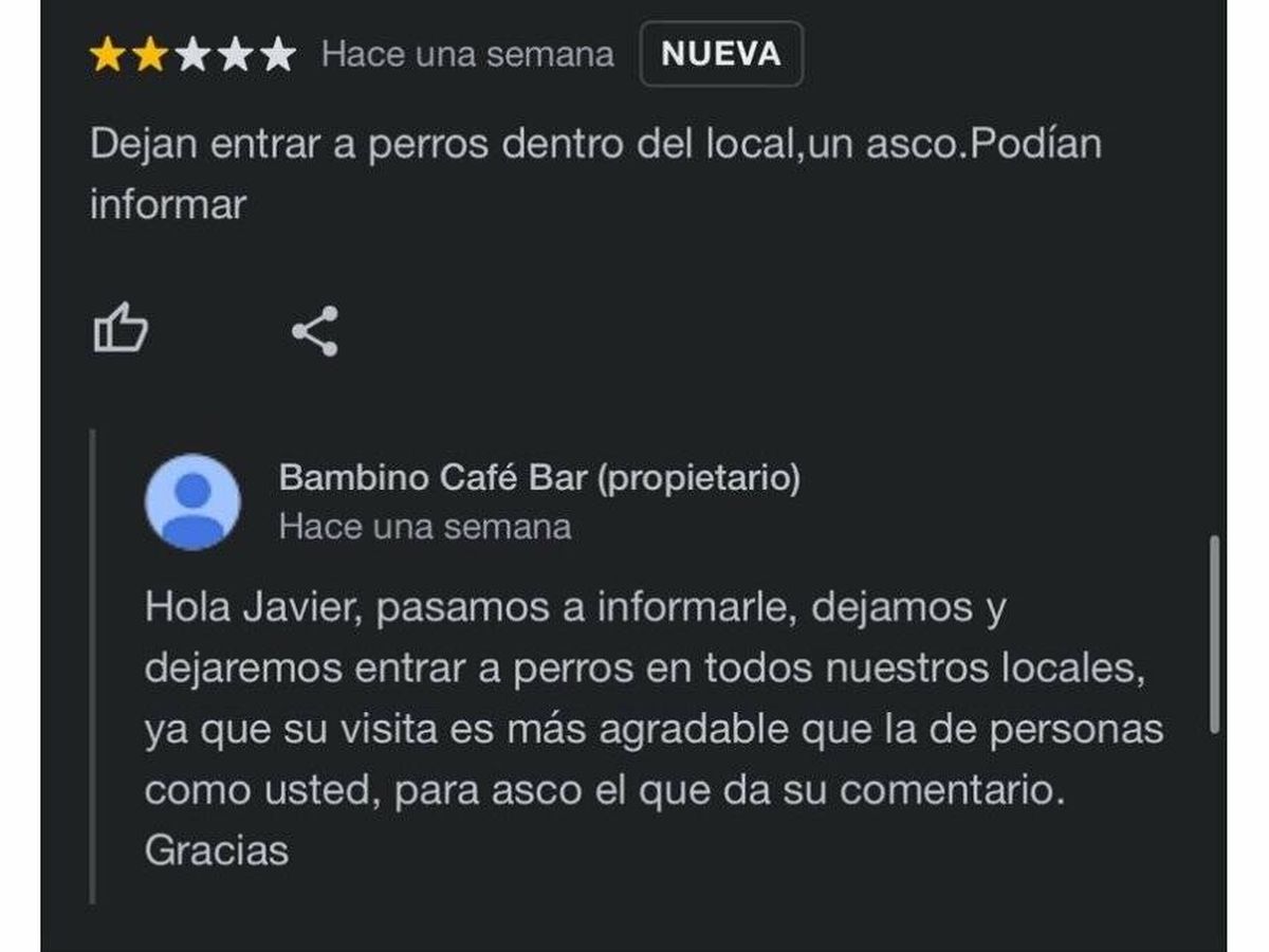 Foto: Un cliente deja una mala reseña en Google por este motivo y la respuesta del bar se gana los aplausos de las redes (Twitter/@soycamarero)