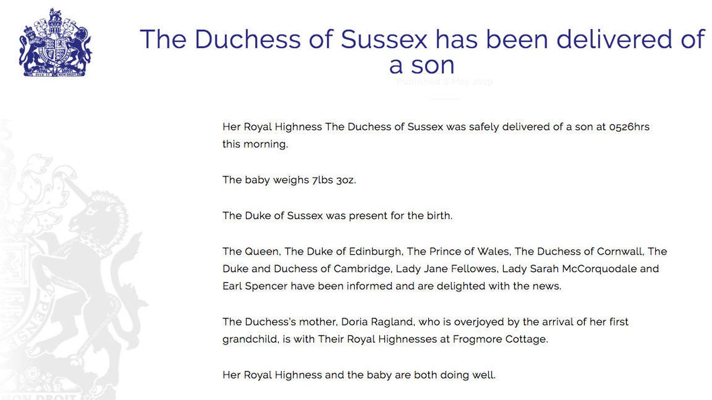 Comunicado de Buckingham Palace sobre el nacimiento del hijo de los duques de Sussex. 