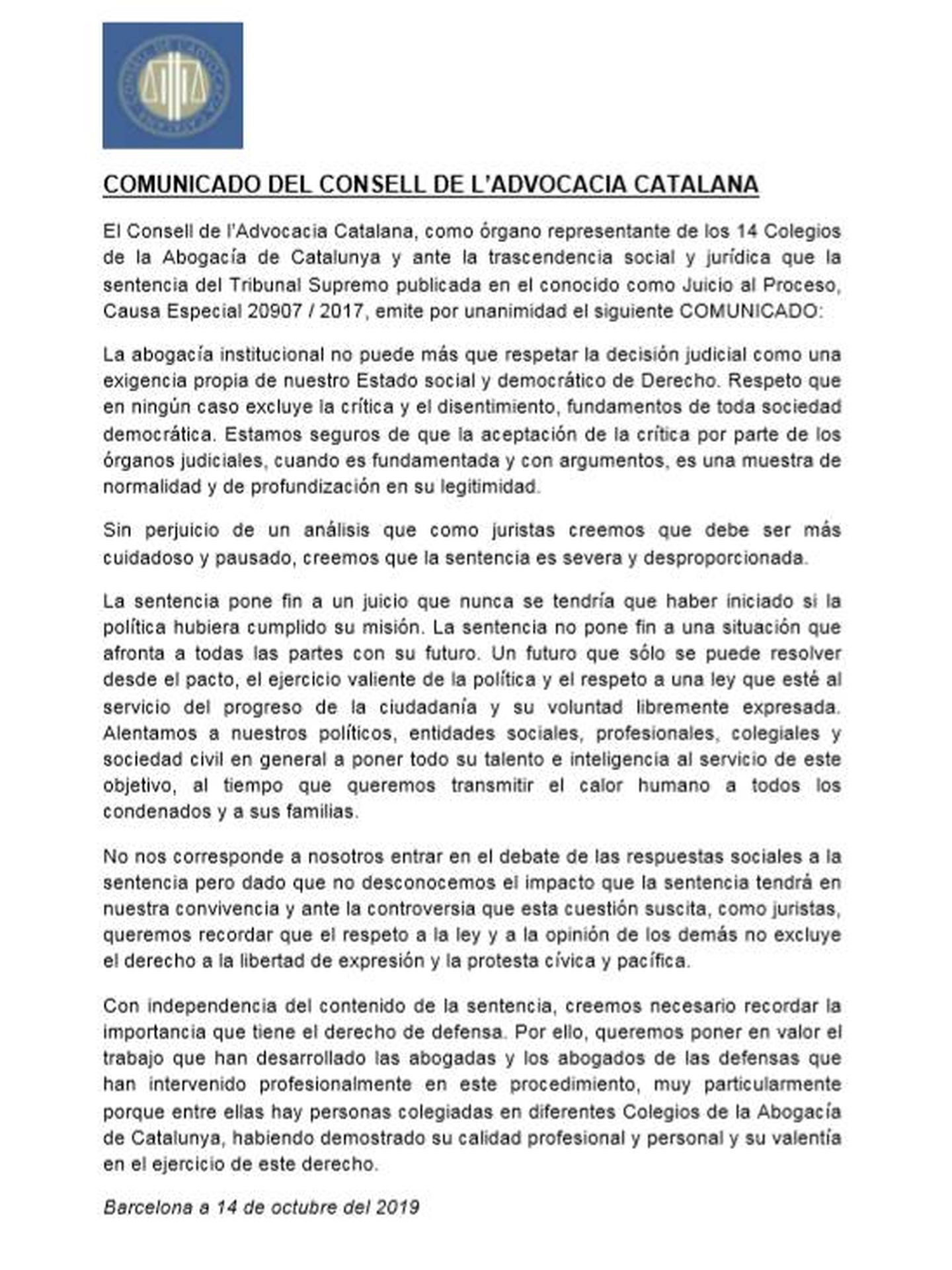 Pinche para leer el comunicado del Consejo de la Abogacía Catalana.