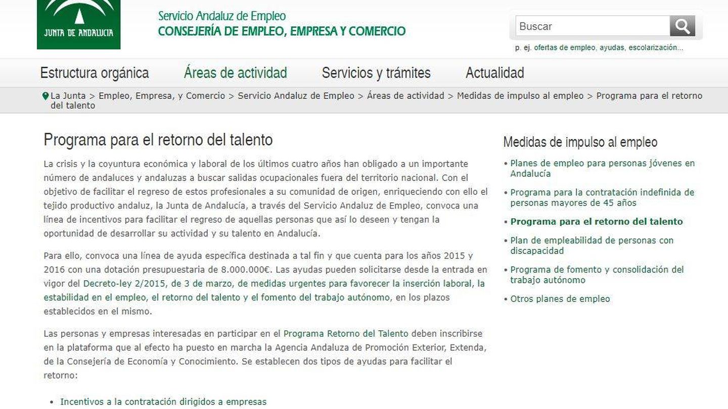 Web del programa de retorno de talento de Andalucía, paradigma de lo que NO hay que hacer.