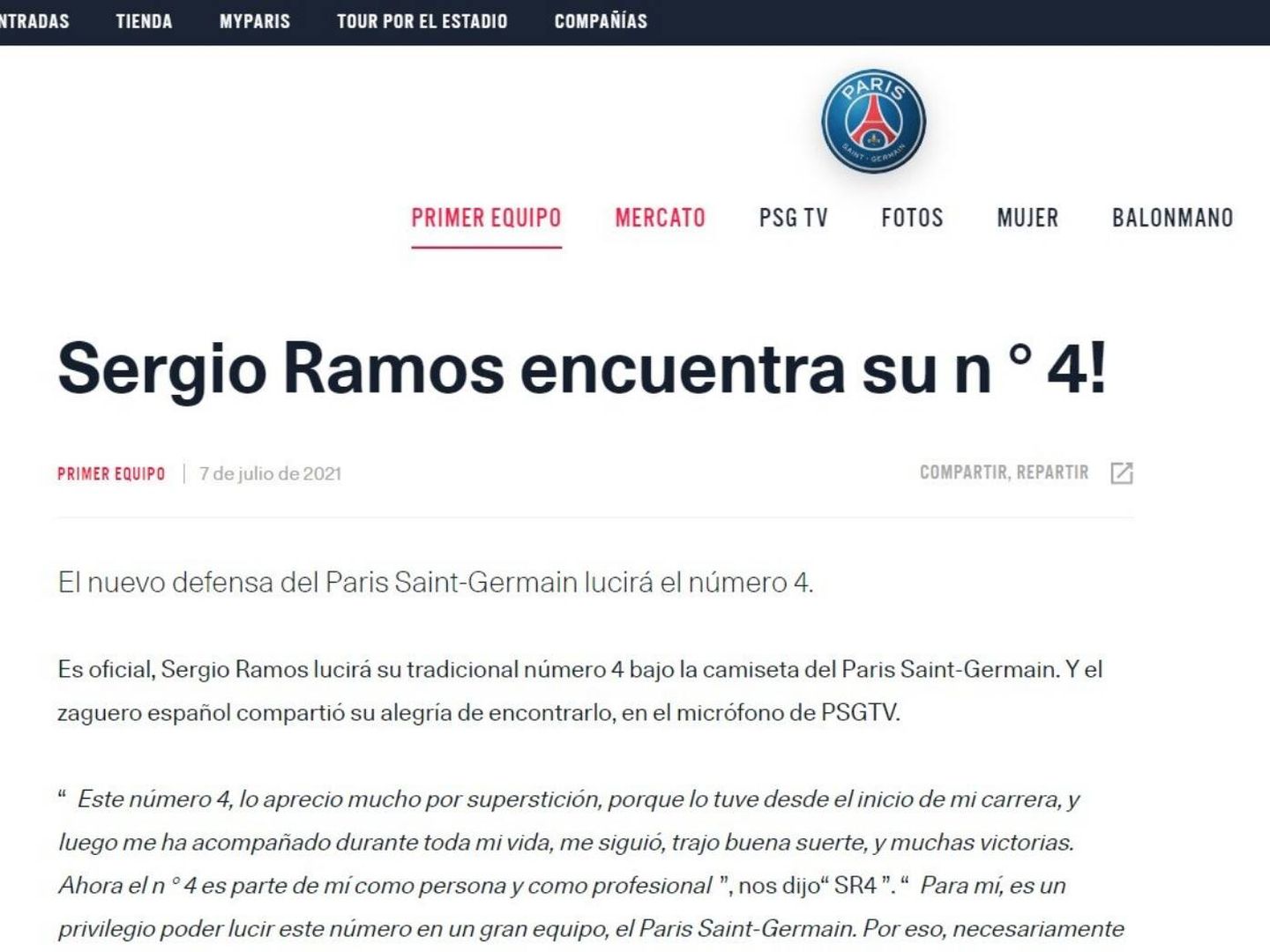 La página oficial del PSG recoge las declaraciones de Sergio Ramos que después borró de la web