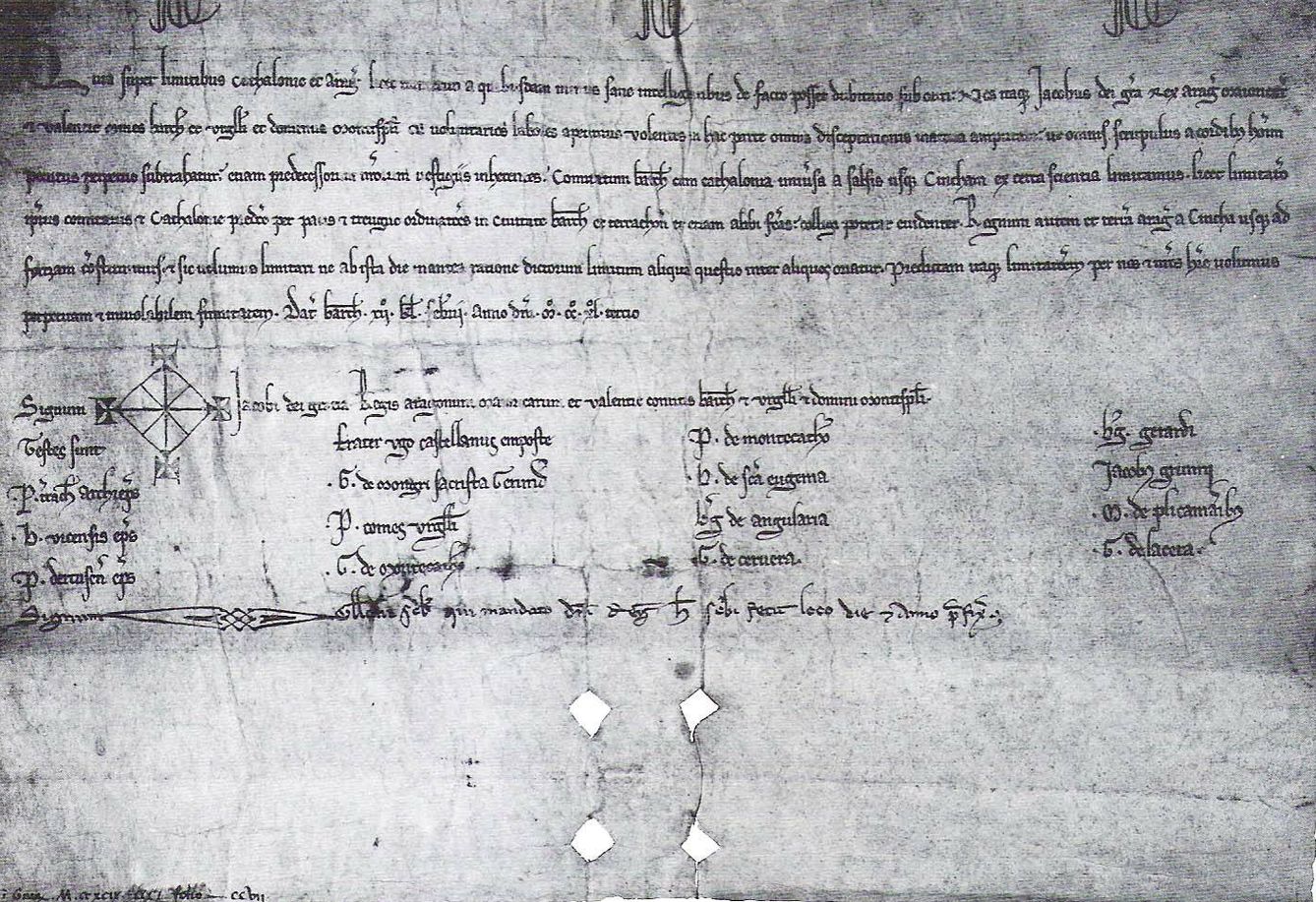 Manuscrito de 1243 donde Jaime I fija los límites entre Cataluña y Aragón. (Dominio público)
