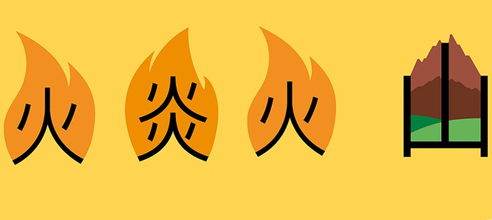 De izquierda a derecha, ilustraciones de 'fuego', 'arder' o 'inflamación' y 'fuego' + 'montaña' = 'volcán'