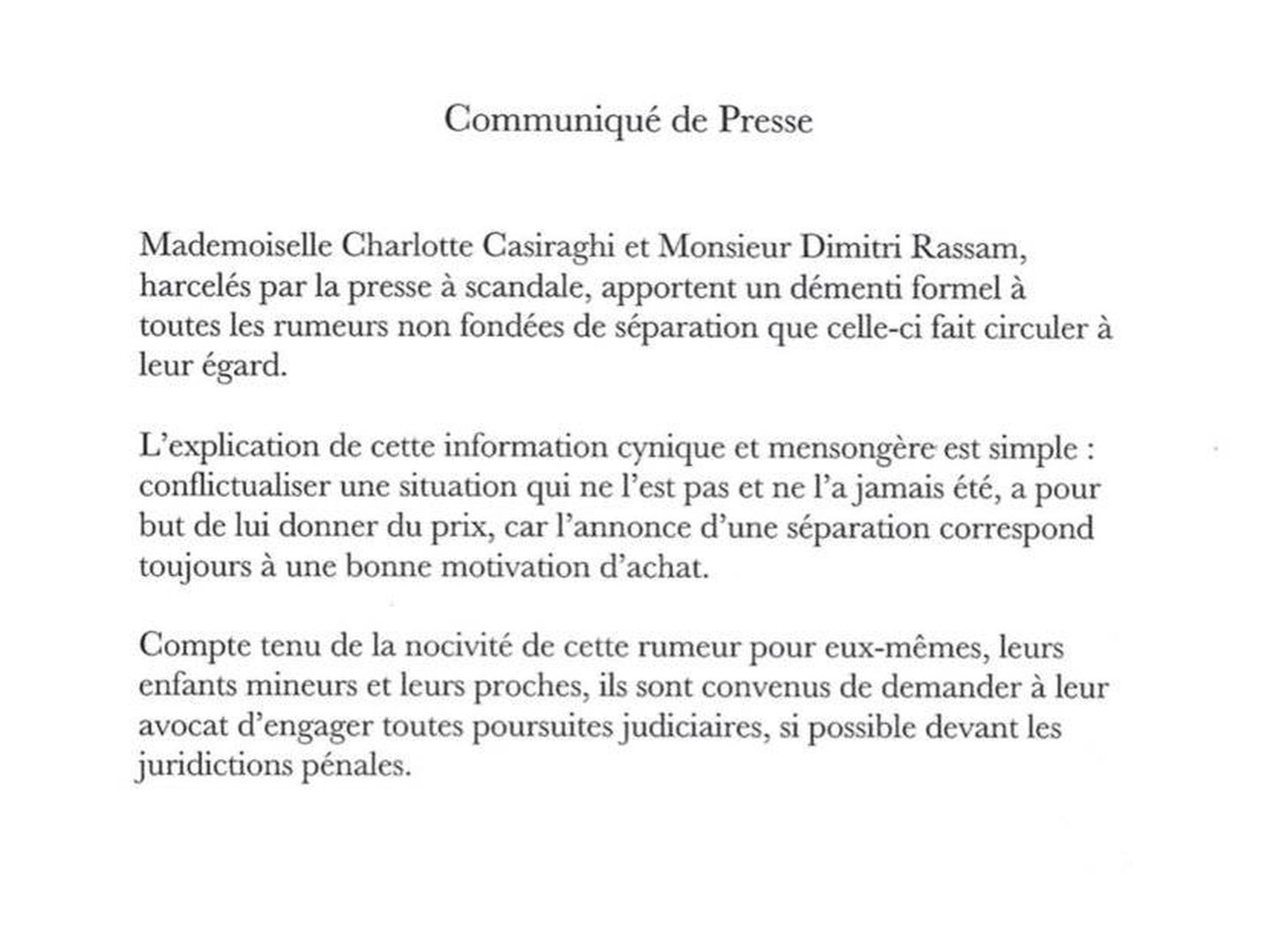 El comunicado de Carlota Casiraghi y Dimitri Rassam.