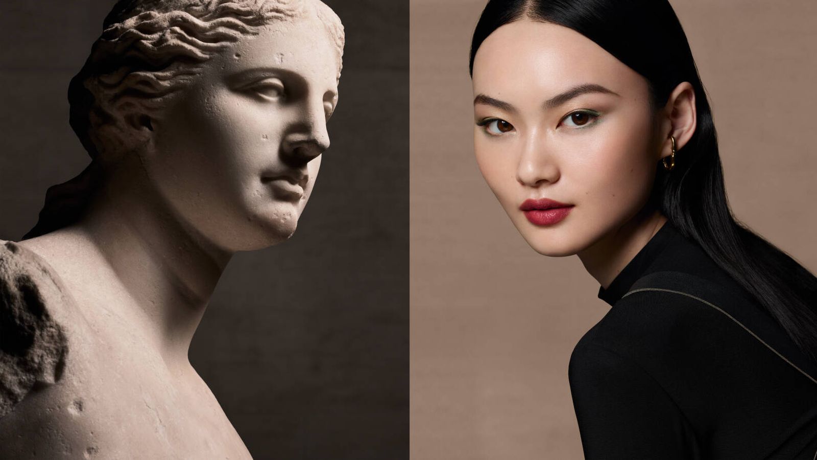 El rostro de la Venus de Milo frente al de He Cong. (Cortesía de Lancôme)