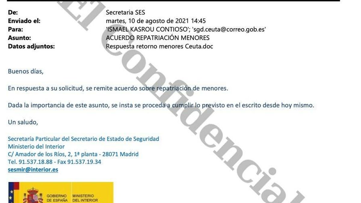 El correo de Interior a Ceuta que ordenaba la devolución: "Se insta se proceda hoy mismo"