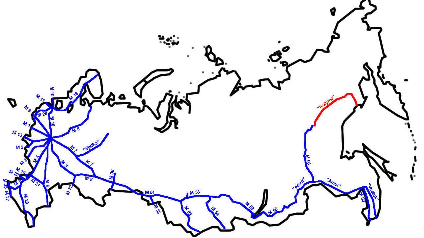 En rojo, el recorrido de la Carretera de los Huesos, en Kolymá. (Wikipedia)