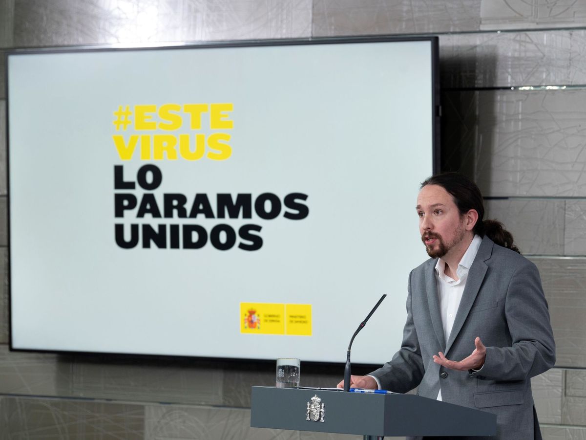 Foto: El vicepresidente y ministro de Derechos Sociales, Pablo Iglesias, durante la rueda de prensa ofrecida en el Palacio de la Moncloa. (EFE)