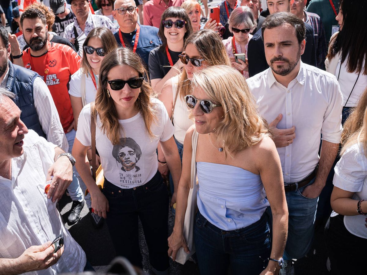 Foto: Irene Montero, Yolanda Díaz y Alberto Garzón en la manifestación por el Día Internacional de los Trabajadores en Madrid, el pasado 1 de mayo. (Europa Press/Diego Radamés)