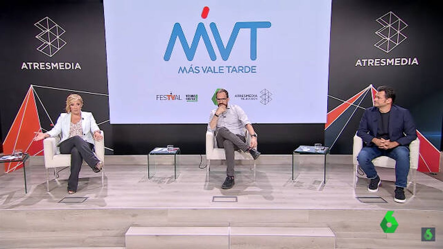 Cristina Pardo, Iñaki López y César González Antón, en la presentación de 'Más vale tarde'. (La Sexta)
