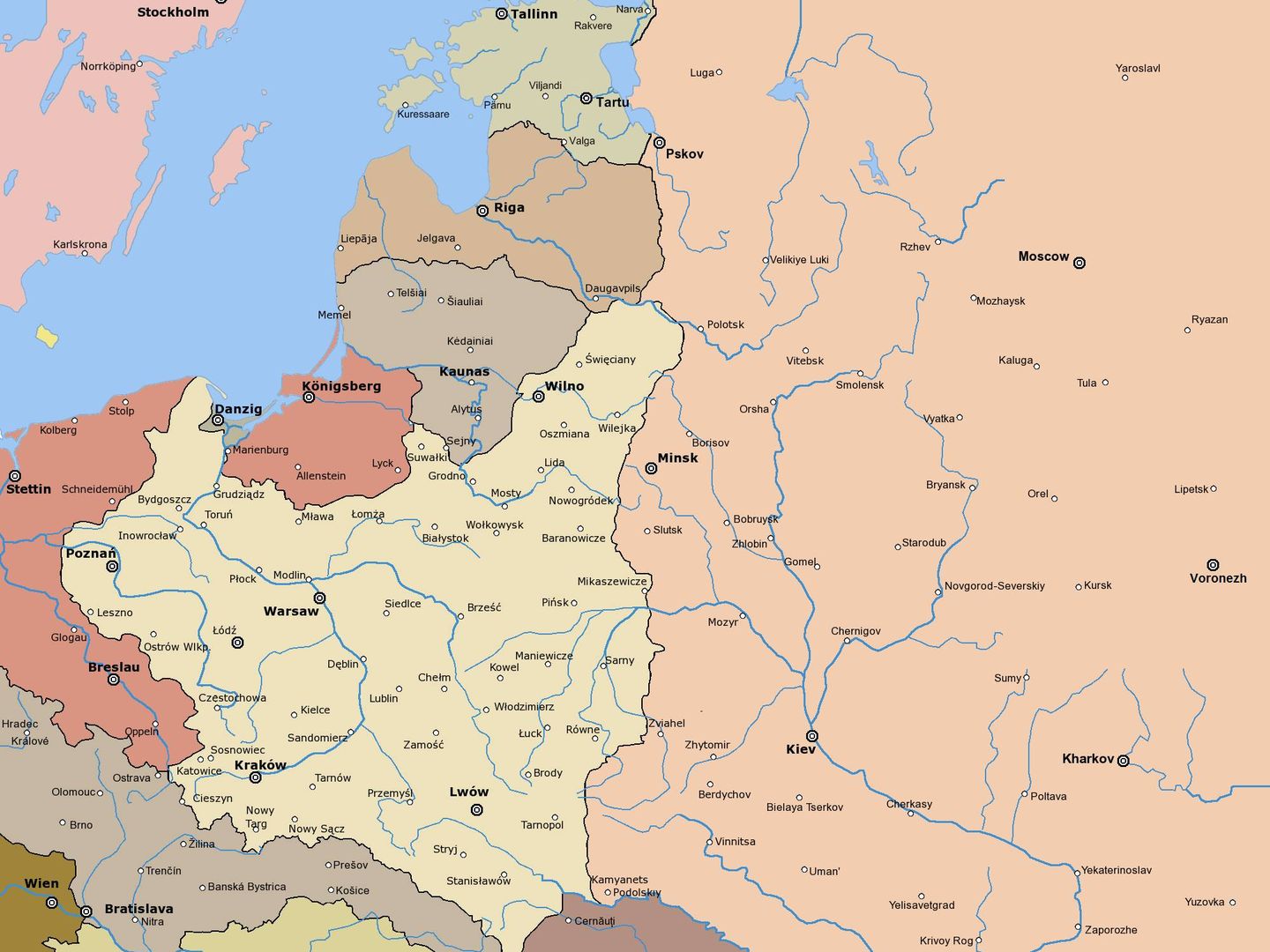 Mapa con las fronteras del tratado de Riga de 1921-22.
