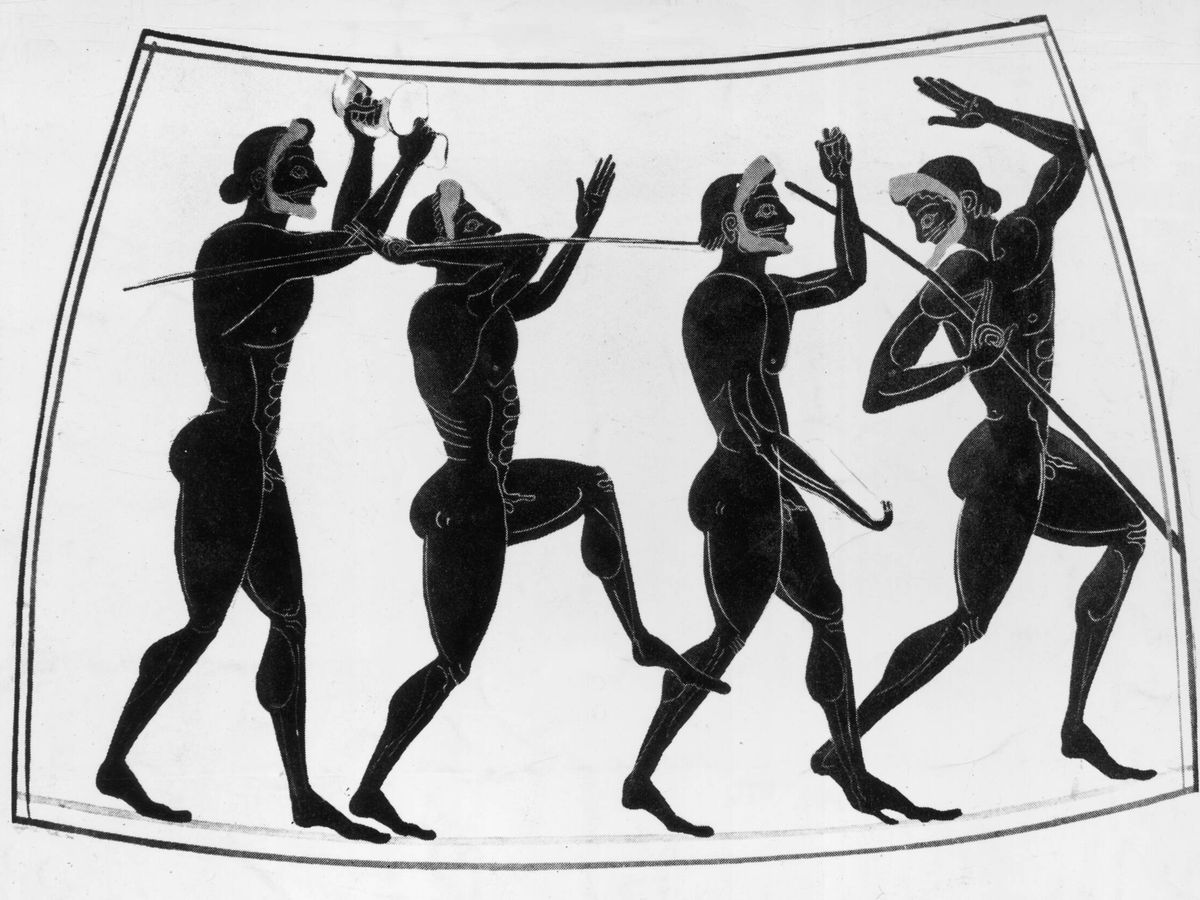 Foto: Detalle de un ánfora de alrededor del año 525 a.C que muestra a cuatro atletas que se preparan para participar en los Juegos Olímpicos de la antigua Grecia: un lanzador de disco, un saltador y dos lanzadores de jabalina.  (Getty Image)