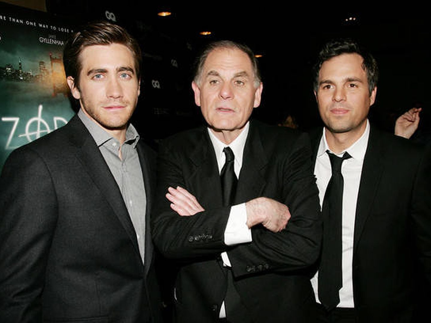 El verdadero Graysmith, rodeado por Gyllenhaal y Mark Ruffalo.