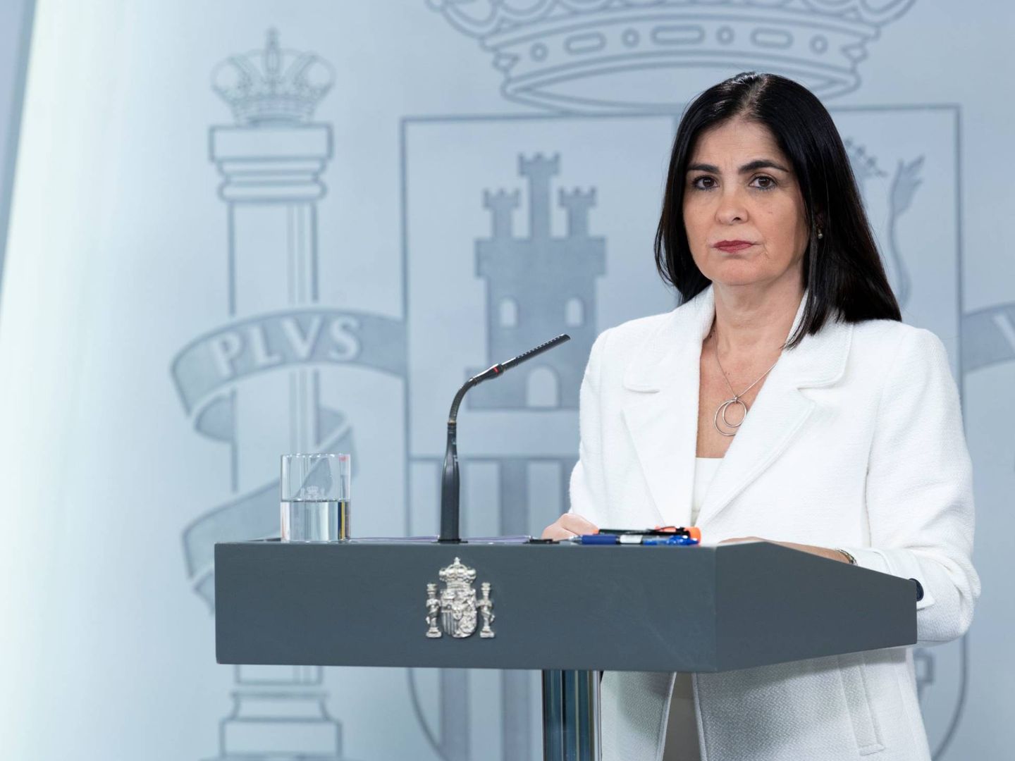 La ministra de Política Territorial y Función Pública, Carolina Darias, en rueda de prensa en la Moncloa este 13 de abril de 2020. (Pool Moncloa)
