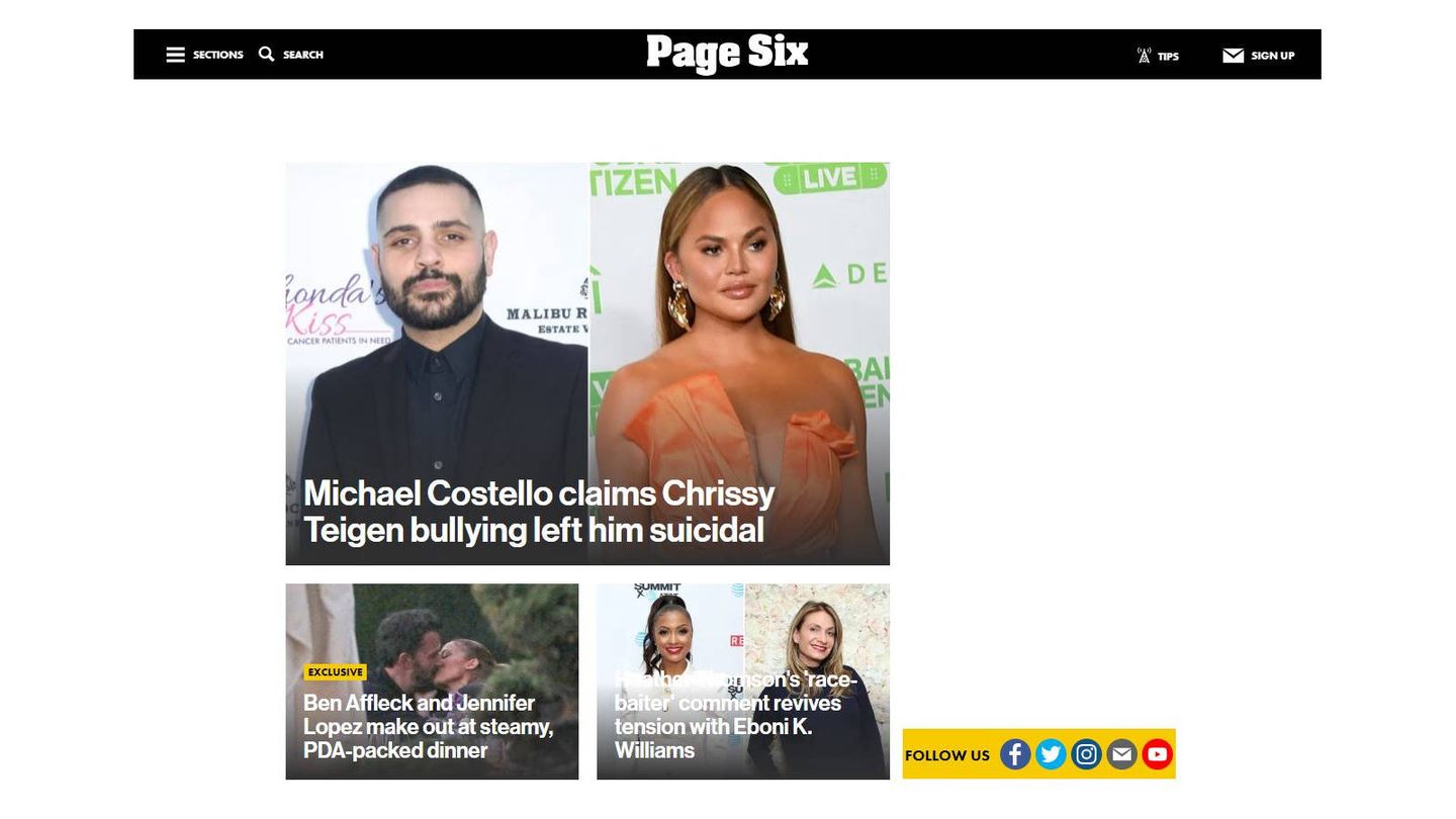 El beso de Ben Affleck y Jennifer Lopez en portada de 'Page Six'.