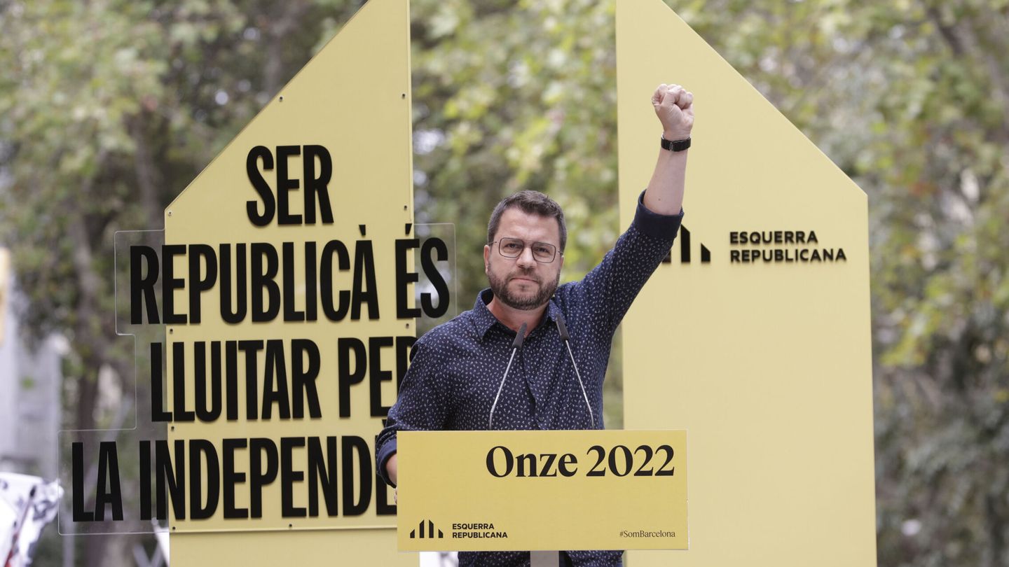 Pere Aragonès, interviene en el acto de ERC con motivo de la Diada. Los republicanos no se sumaron a la manifestación. (EFE/Quique García)