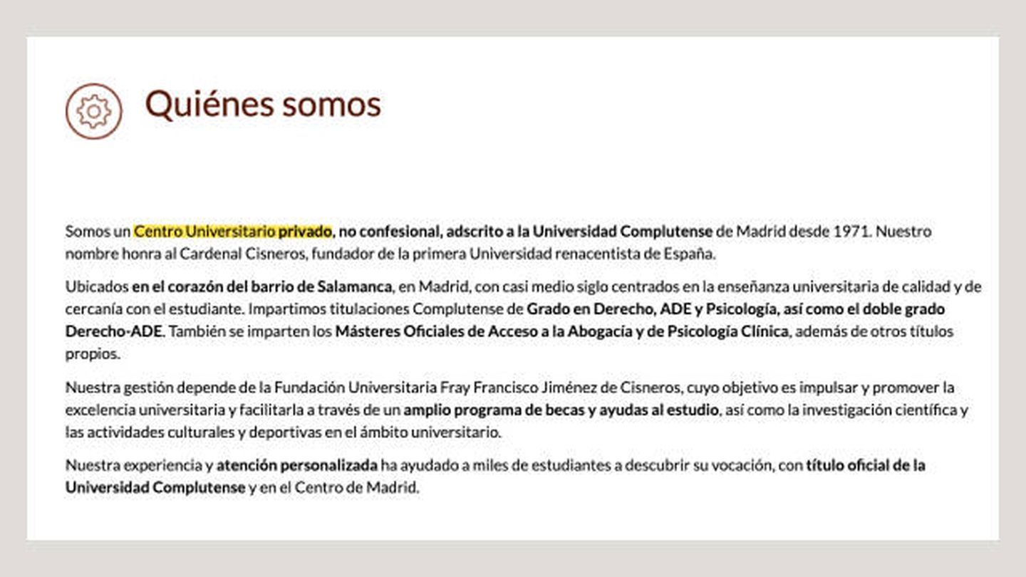 Extracto de la página web de la universidad donde se define como 'centro privado'.