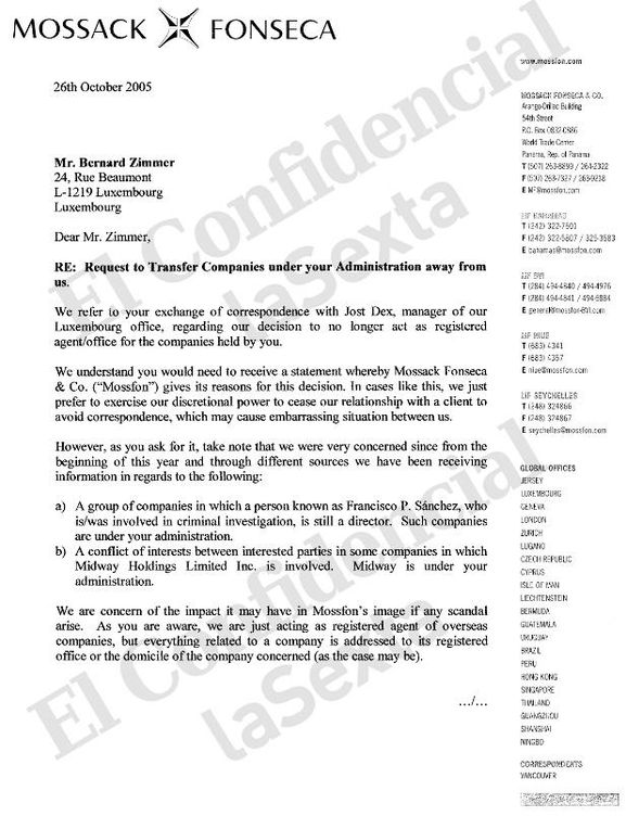 Documento de Mossack Fonseca relacionado con el espía Paesa.