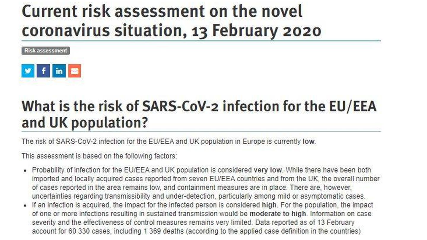 Evaluación de riesgo publicada el pasado 13 de febrero por el ECDC.
