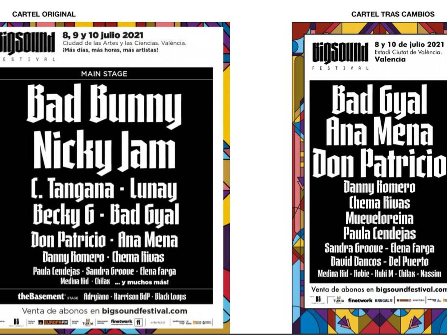 Cartel del Big Sound Festival, antes y después de los cambios.