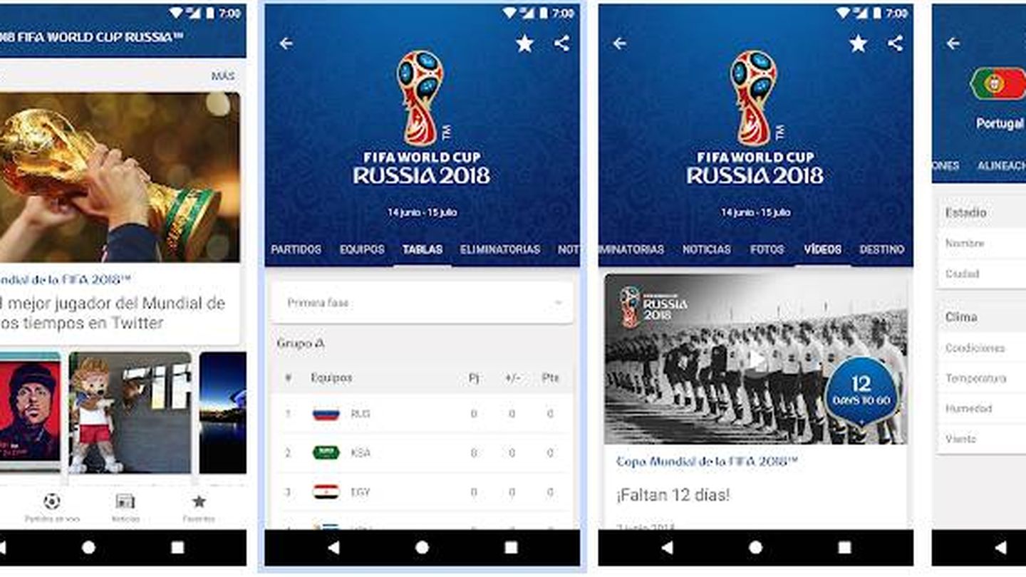 Capturas de pantalla de la app oficial de la Fifa para el Mundial de Rusia