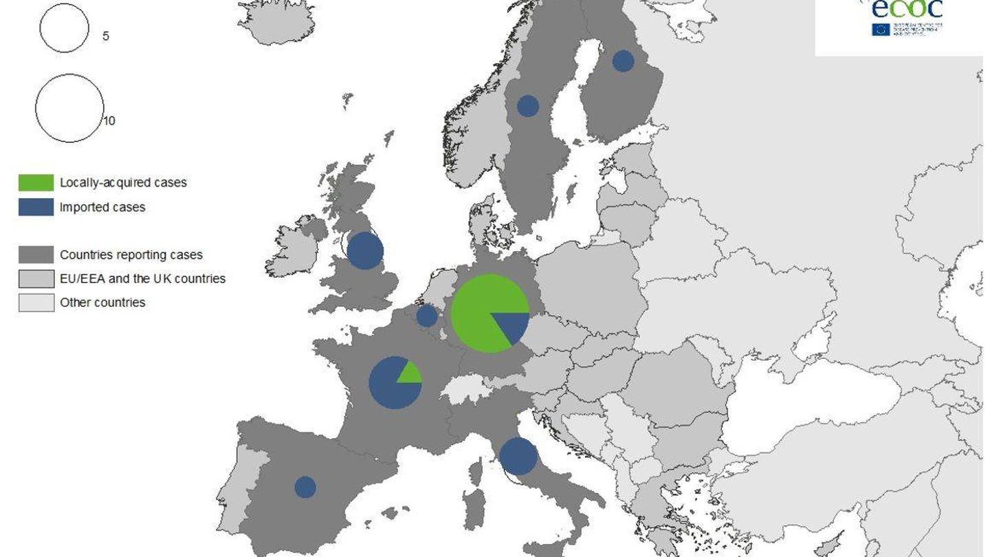 Casos confirmados en Europa. Fuente: Centro europeo de prevención y control de enfermedades.