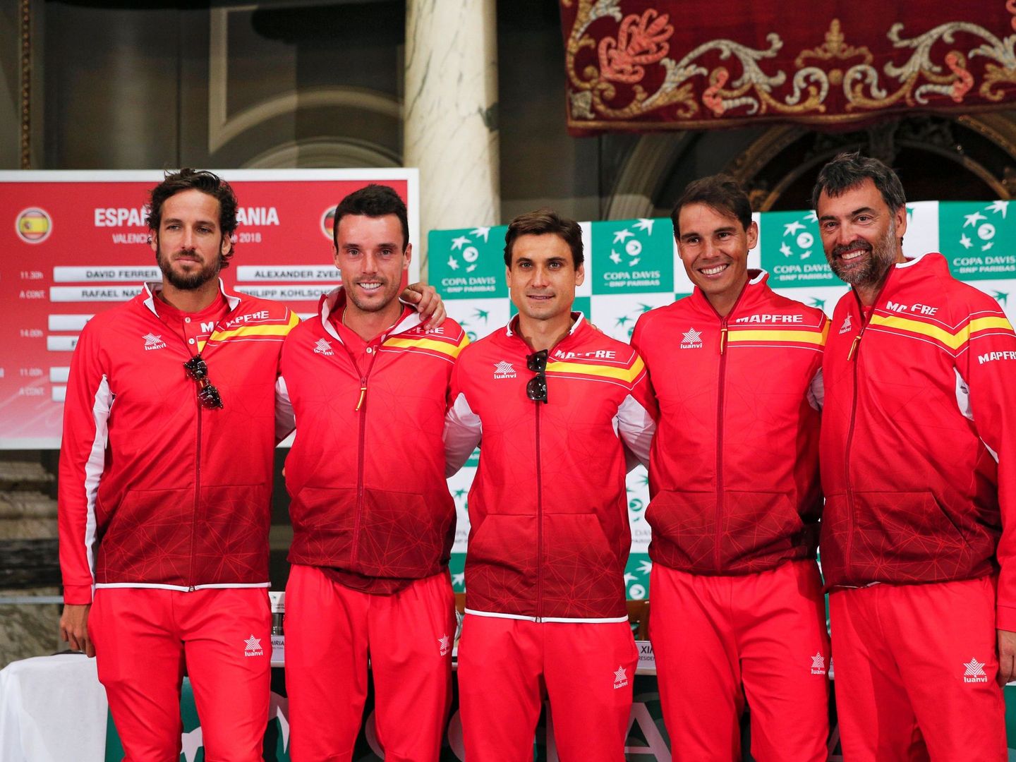 A Feliciano López, Roberto Bautista, David Ferrer y Rafa Nadal se sumó Marc López en sustitución de Pablo Carreño. Esos son los cinco elegidos por Sergi Bruguera. (EFE)