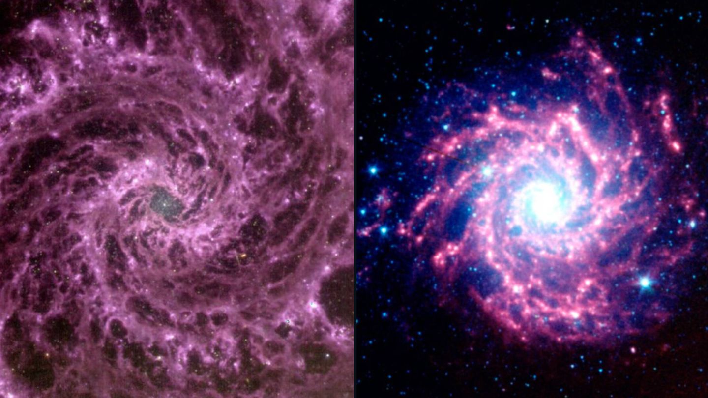 Comparativa de las imágenes del Webb (izquierda) y Spitzer. (NASA)