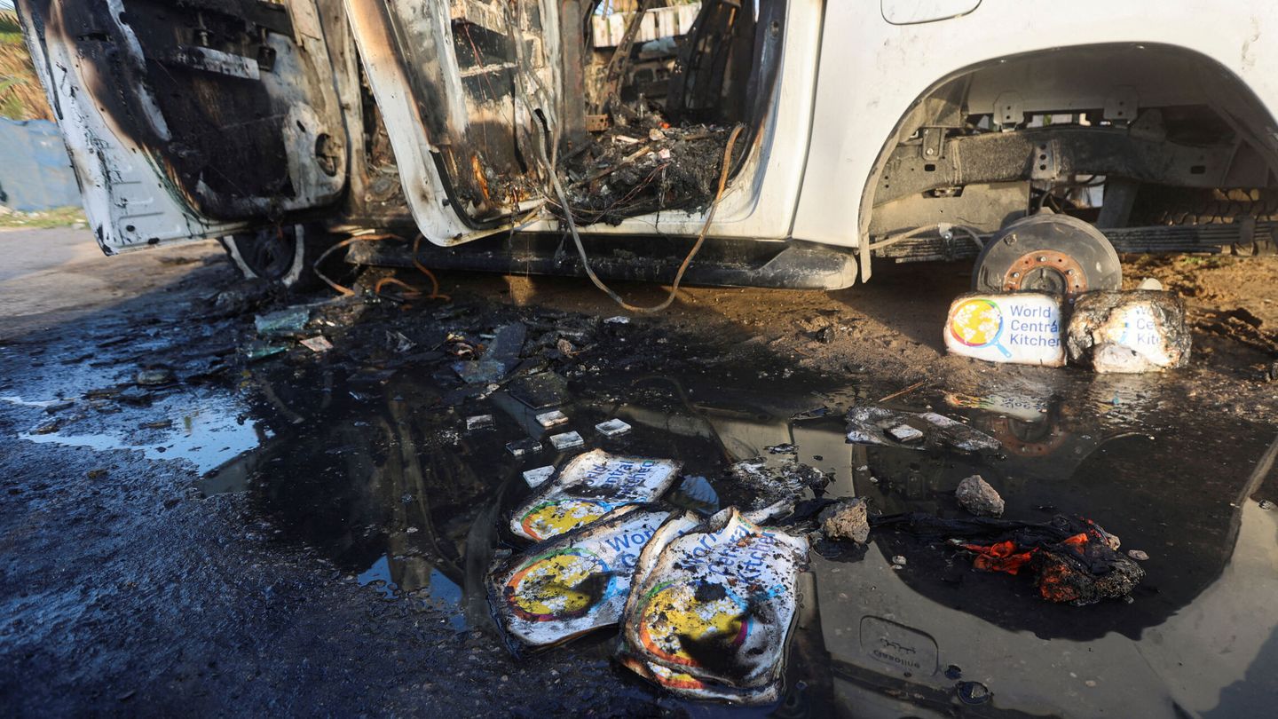 FILE PHOTO: A view of the vehicle where employees from the World Central Kitchen (WCK), including foreigners, were killed in an Israeli airstrike, according to the NGO as the Israeli military said it was conducting a thorough review at the highest levels to understand the circumstances of this 