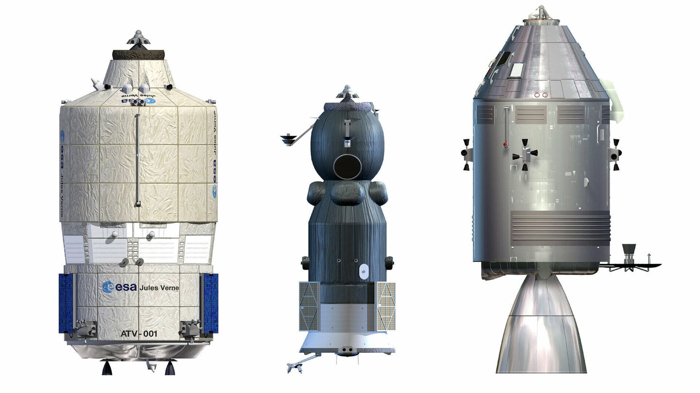 Comparativa de tamaños de vehículos espaciales: ATV, Progress y Apolo. Todavía no se conoce el diseño del remolcador de SpaceX. (ESA)
