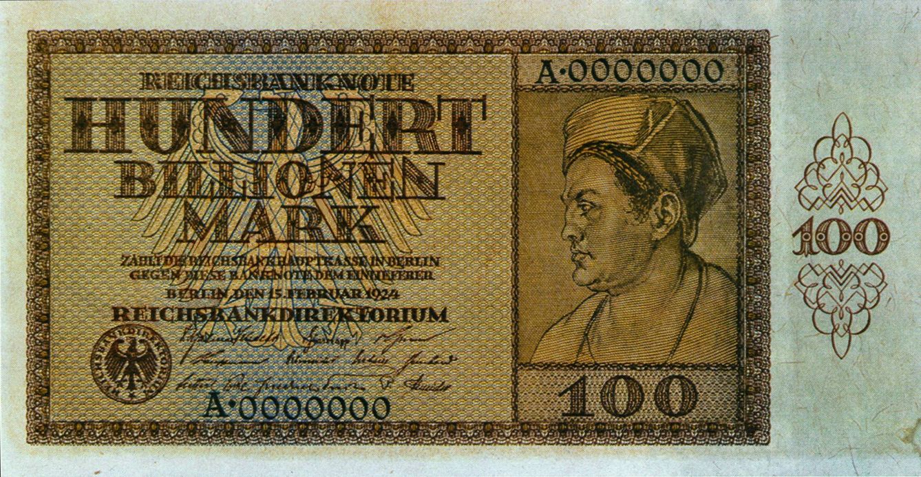 Foto: Billete alemán de 100 billones de marcos acuñado en 1924