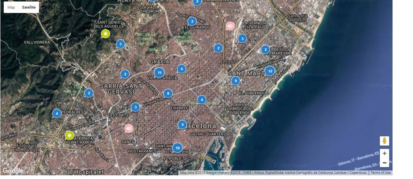 Localización de los sensores de Sentilo en Barcelona y alrededores. (Fuente: Sentilo)
