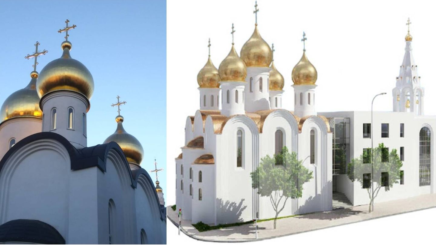 La iglesia ortodoxa rusa de Madrid y una maqueta del templo antes de su construcción (S.S.G./Orthodox Madrid)
