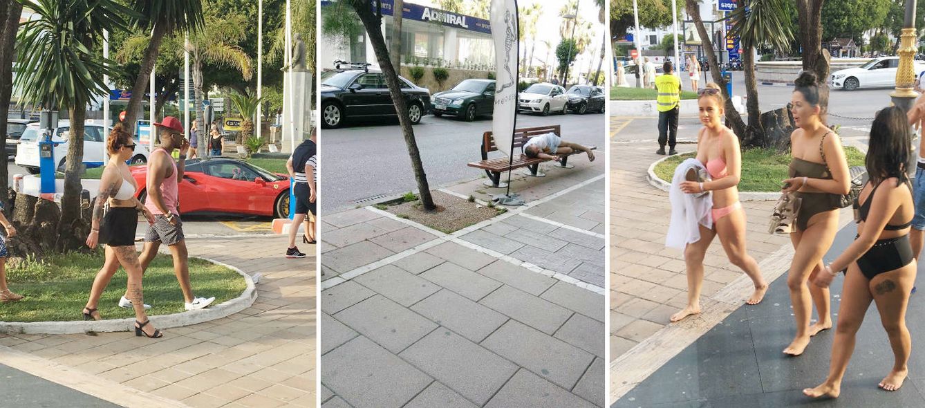 Foto: Composición de imágenes de turistas descalzos y acostados en bancos por las calles de Marbella. 