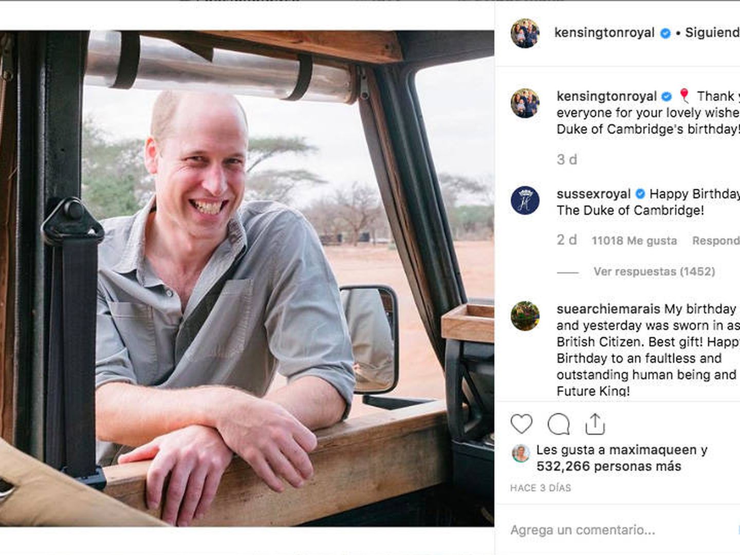 Instagram de los duques de Cammbridge, con la respuesta de los duques de Sussex felicitando al príncipe Guillermo. (instagram: @sussexroyal)