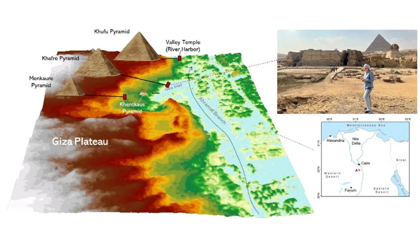 La imagen de radar de la izquierda muestra las calzadas y los puertos de las pirámides alineados perfectamente con el canal descubierto. La foto de la derecha muestra una calzada en Giza que conducía al paseo junto al río. (Eman Ghoneim)