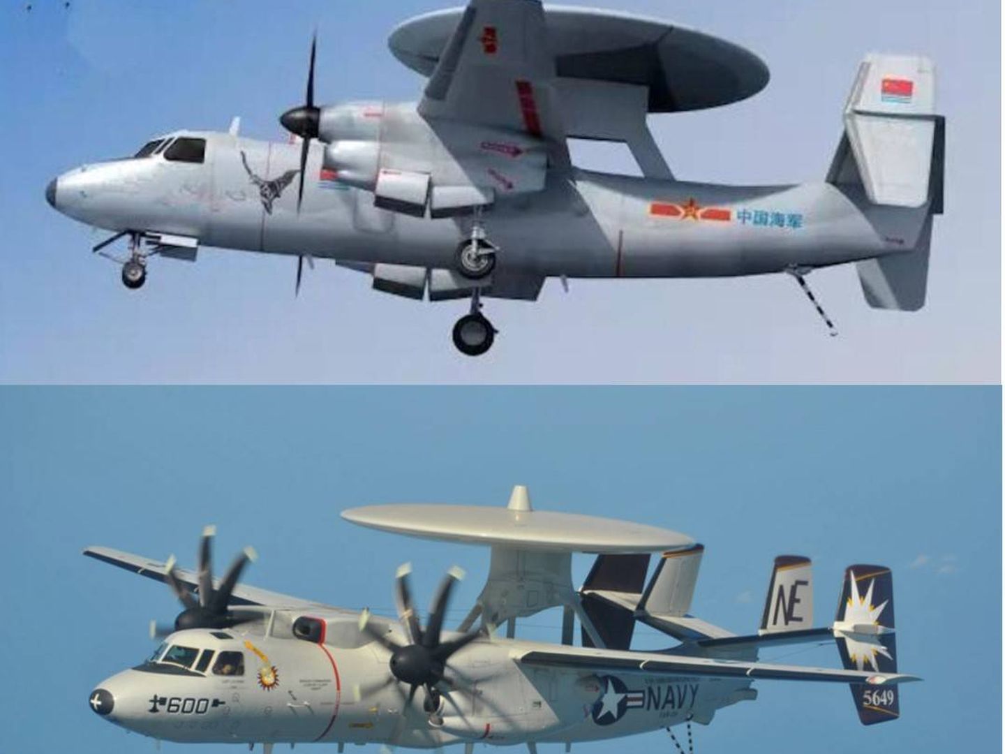 El KJ-600 chino (arriba) es uno ma?s de los casos donde se acusa a China de copiar disen?os. Abajo el E-2 norteamericano. (k.sina.cn - US Navy)