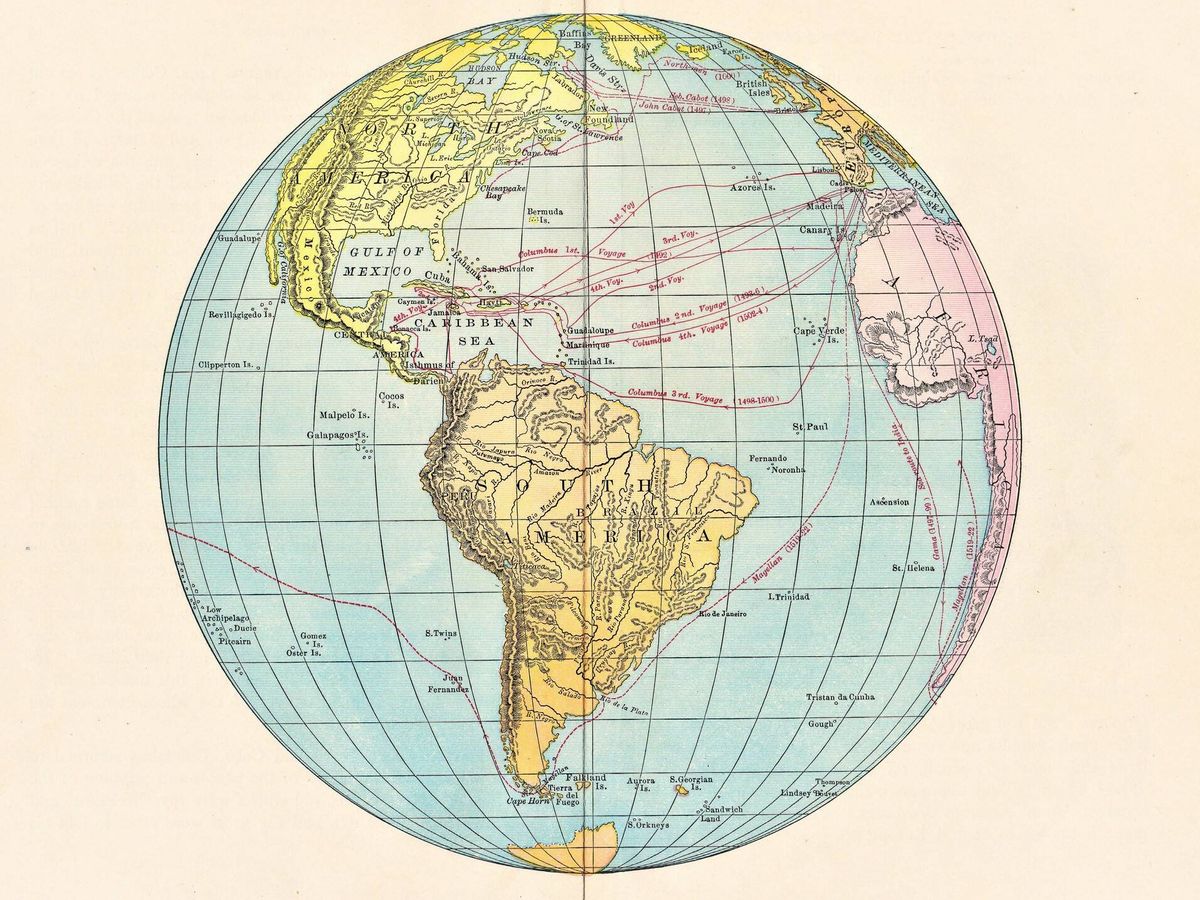 Foto: Mapa con las rutas de exploración de Colón, Magallanes y Cabot (Fuente: iStock)