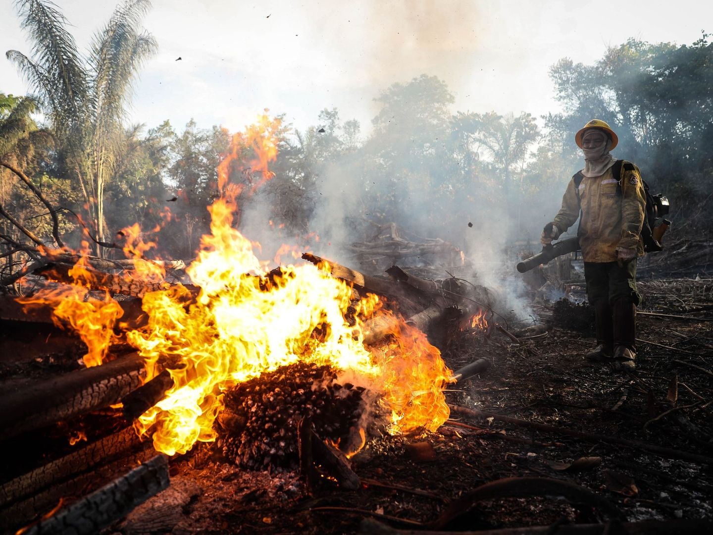 Bomberos del Prevfogo, una brigada forestal del Ibama formada por indígenas de la etnia Tenhari, participan en la extinción de un incendio en la reserva indígena de su etnia en Amazonas (EFE)