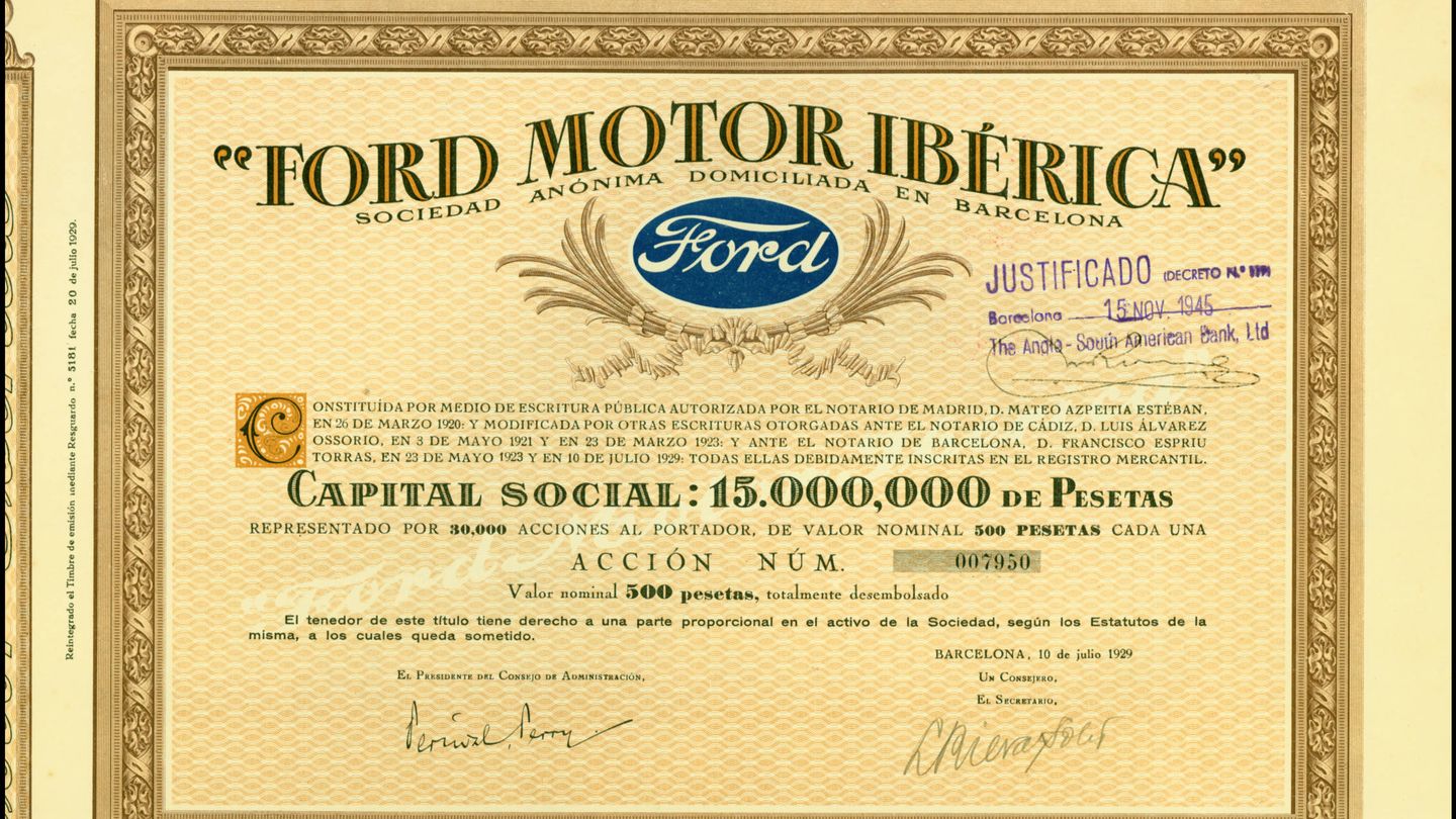 Documento de constitución de Ford Motor Ibérica en Barcelona. (Wikipedia)