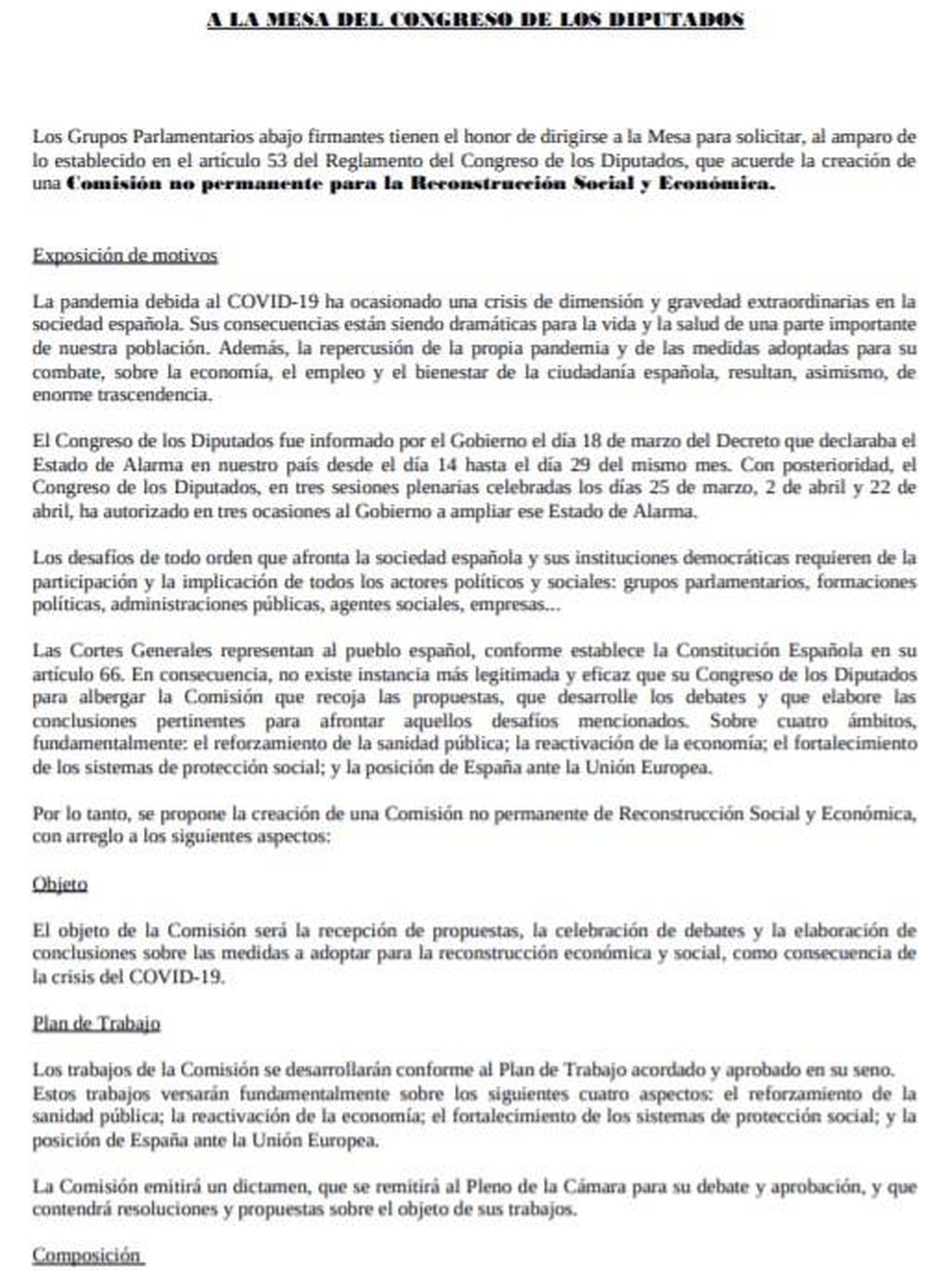 Consulte aquí en PDF la propuesta del PSOE de creación de la Comisión de Reconstrucción en el Congreso.