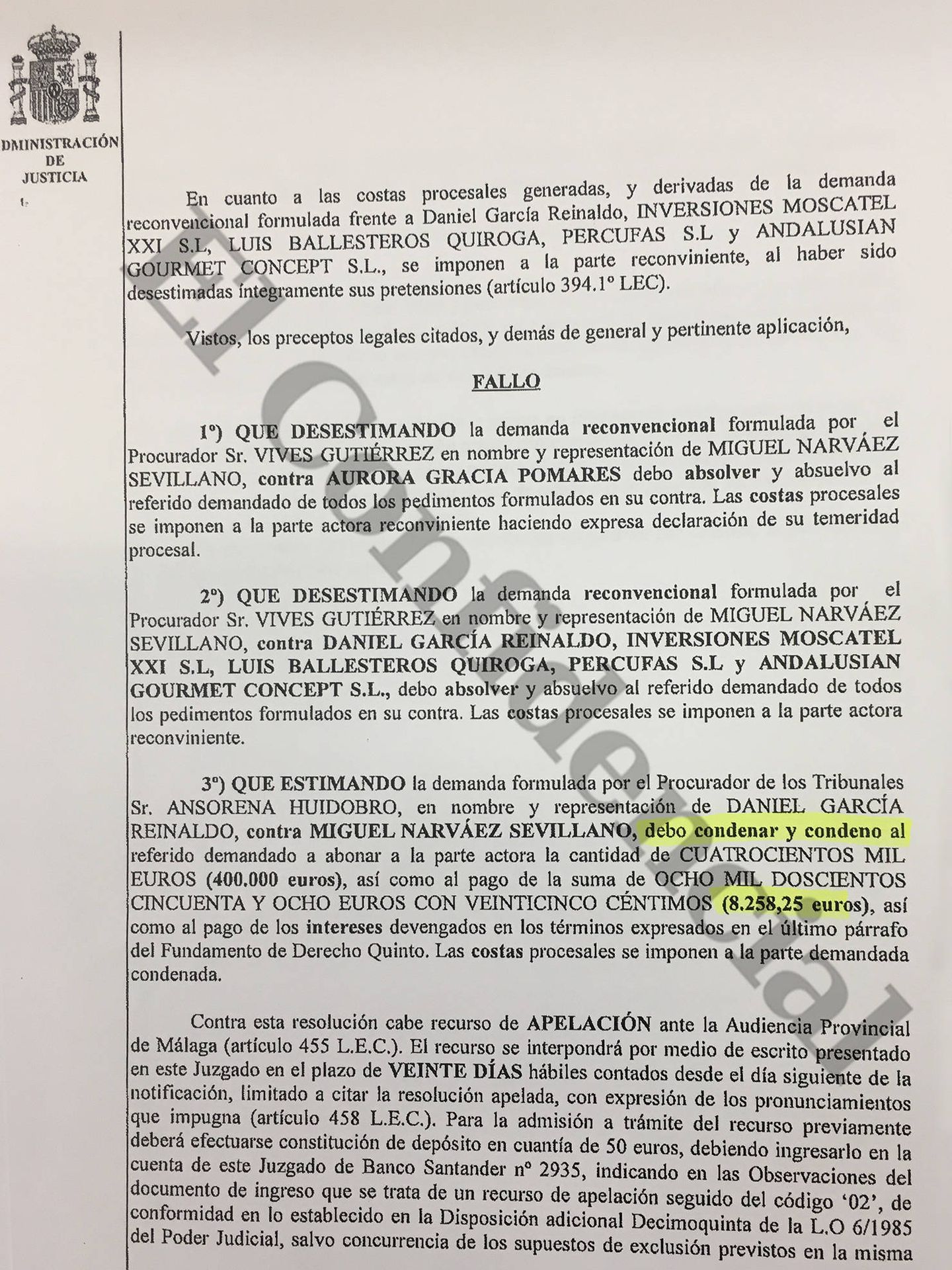 Fragmento del fallo judicial contra Miguel Narváez y a favor de Dani García, fechado el 17 de mayo de 2019.