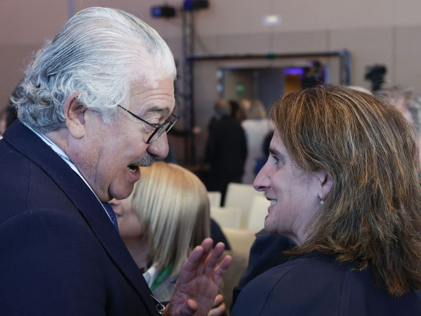 La vicepresidenta Teresa Ribera, conversa con el consejero delegado de Endesa, José Boga. (EFE/Quique García) 